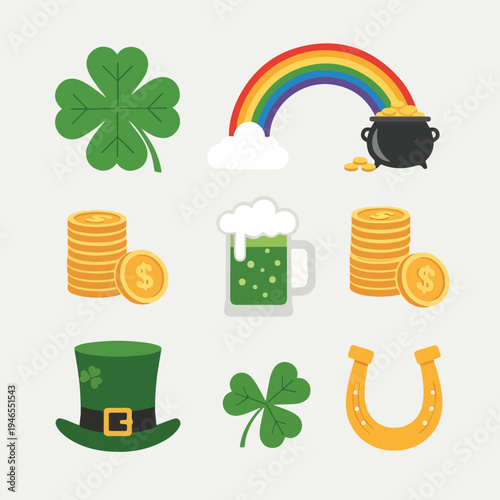 A collection of traditional St. Patrick's Day symbols including clovers, gold coins, a rainbow, a leprechaun hat, and green beer.