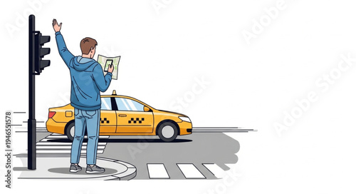 Man Hailing Yellow Taxi Cab.