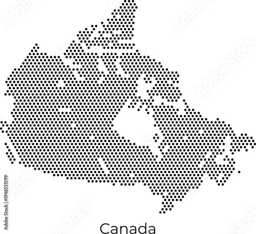Modern stylized vector map of Canada featuring a black hexagonal dot pattern on a white background, ideal for minimalist infographics and travel design.