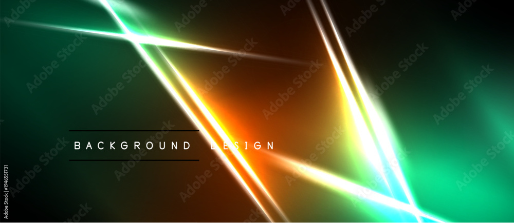 Naklejka premium Vibrant neon lines intersect over dark background. Gradient colors create dynamic visual effect. Modern abstract design element.
