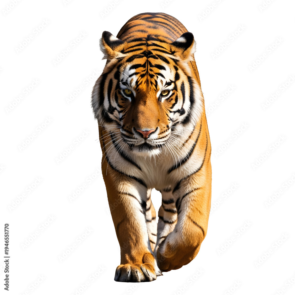 Fototapeta premium Majestic tiger walking gracefully through its natural habitat isolated on white background, illustration