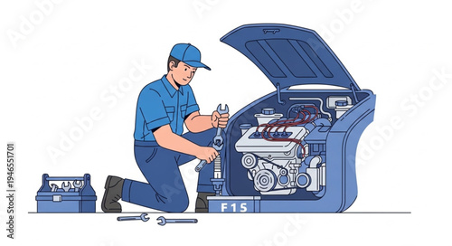 Mechanic Working on Car Engine.