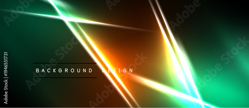 Vibrant neon lines intersect over dark background. Gradient colors create dynamic visual effect. Modern abstract design element.