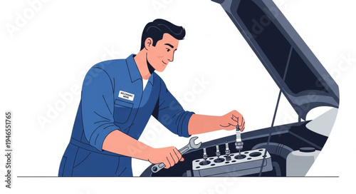 Mechanic working on car engine.