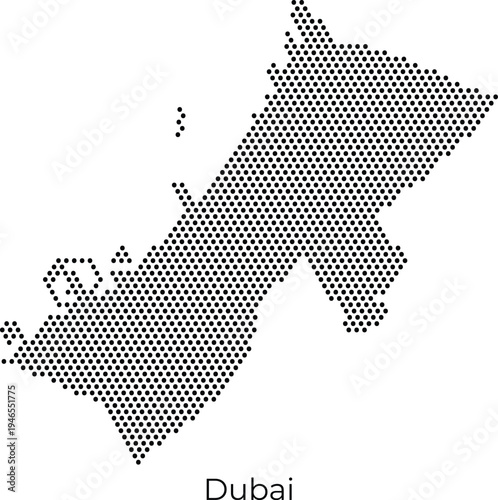 Stylized dotted vector map of Dubai, United Arab Emirates, featuring a modern black hexagonal pattern on a clean white background, ideal for travel, business, and minimalist infographic design.