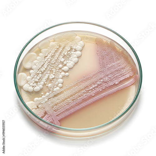 Petri dish culture showing bacterial or fungal colony growth in pinkish-purple hues isolated on white background, illustration