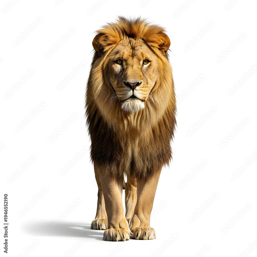 Fototapeta premium Majestic lion standing calmly in natural pose isolated on white background, illustration