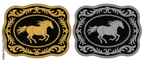 Horse Label Belt Buckle Vector Featuring Wild Western Rodeo Ranch Cowboy Style Tag Design with Gold and Silver Stylized Silhouette Equestrian Motifs Classic Western Accessory Illustration