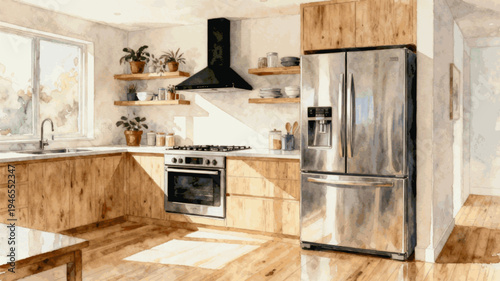 Simple Clean Kitchen Warm Modern Kitchen isolated watercolor vector illustration svg