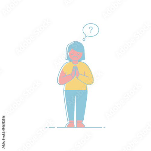 Confused girl with question mark, hands together in prayer or pleading pose