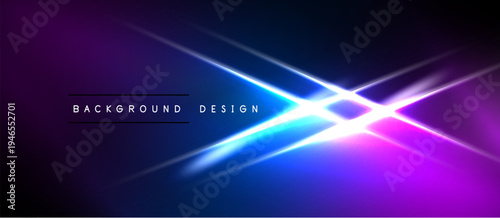 Abstract background features vibrant blue, purple gradients. Bright light streaks intersect creating dynamic visual effect. Text reads background design.
