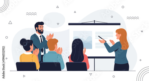 Business meeting presentation with clapping audience and speakers