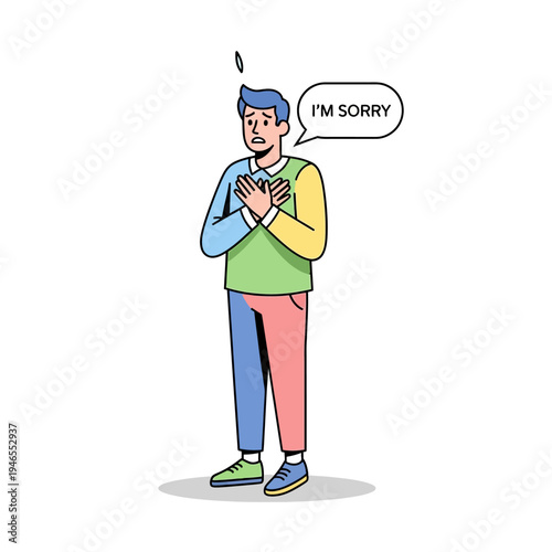Man apologizes, hands clasped over chest, saying "I'm Sorry" with regretful expression