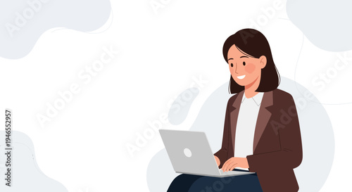 Young woman working on a laptop, smiling, with abstract shapes in the background.