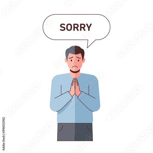 Man apologizing with hands clasped and 'Sorry' text in speech bubble