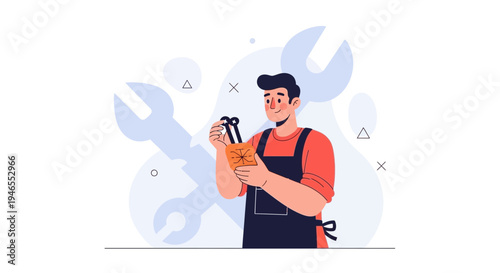 Mechanic with Tools, Wrench and Toolbox, Flat Design Illustration