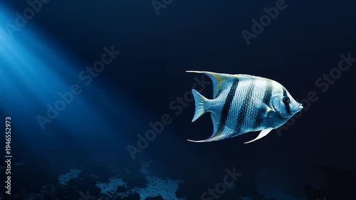 Striped fish swimming in deep blue ocean with sun rays
