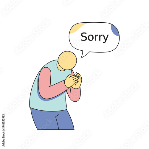 Man apologizing with speech bubble saying Sorry, illustration