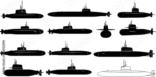 Submarine silhouettes icon set, military naval underwater vessels collection, black and white warship designs, modern defense transport, flat vector illustration
