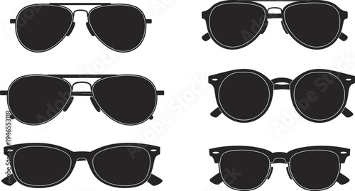 Sunglasses silhouette set, modern and classic eyewear styles collection, black fashion accessories vector illustration isolated on white background for summer and lifestyle design