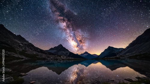 Stunning Milky Way reflected in mountain lake at night