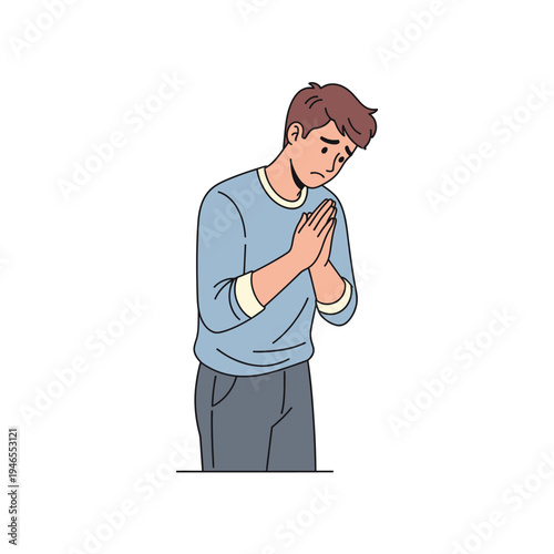 Man Praying or Begging, Sad Expression, Folded Hands, Hopeful Gesture, Isolated on White