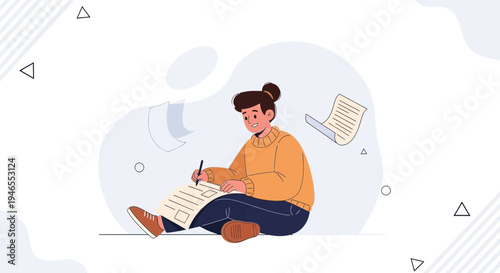 Young Woman Writing and Studying with Flying Papers