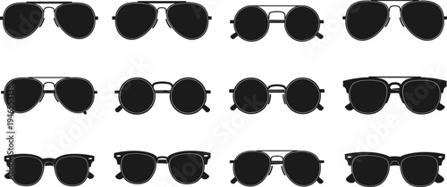Sunglasses silhouette vector illustration set, modern eyewear fashion designs collection, black aviator and round glasses icons, stylish accessory symbols isolated