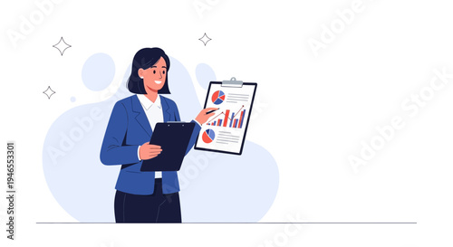 Businesswoman analyzing charts and graphs on clipboard, presenting financial data