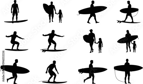 Surfing Silhouette Vector Set, Dynamic Surfers on Boards, Ocean Wave Sport, Summer Beach Activity, Family Water Recreation, Surfboard, Active Lifestyle, Tropical Holiday Icons