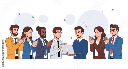 Team Applauding Colleague Receiving Laptop Award for Success in Business Meeting