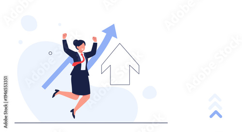 Businesswoman celebrating success with rising graph and upward arrow