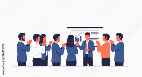Business team applauding speaker during presentation with charts on screen
