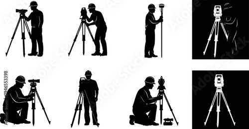 Surveyor and land survey equipment silhouettes collection, professional measurement workers using tripod instruments, black vector illustration set for construction, mapping, engineering, and geodesy 