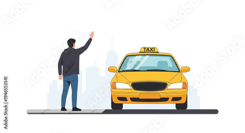 Man Hailing Yellow Taxi Cab.