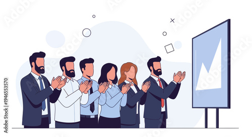 Business team applauding success during presentation with graph on screen