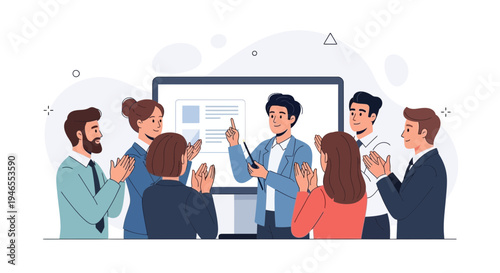 Business meeting presentation success, team applauding speaker at whiteboard