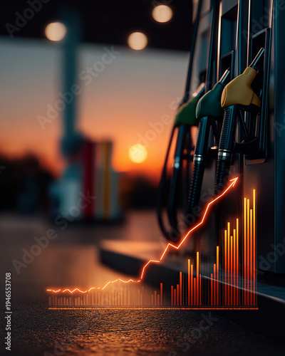 Rising Costs at the Pump: A symbolic representation of the increasing cost of fuel, as a price chart overlays gas pump nozzles against a backdrop of a setting sun.