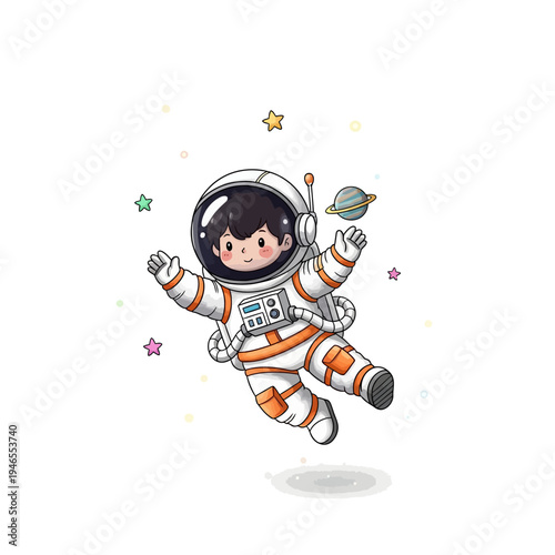 Cartoon astronaut in space with stars.