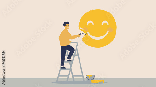 Man Painting Smiley Face on Wall with Ladder – Positive Mindset and Happiness Concept Illustration