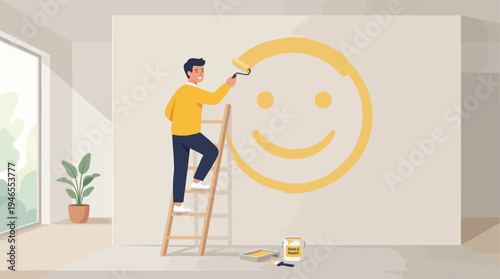 Man Painting Smiley Face on Wall with Ladder – Positive Mindset and Happiness Concept Illustration