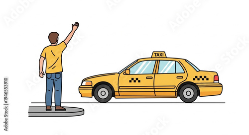 Man Hailing Yellow Taxi Cab.