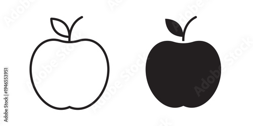Apple icon designed in black stroke and fill styles, isolated on a white background. Ideal for healthy eating apps, nutrition dashboards, food blogs, and wellness concepts.