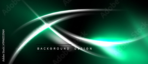 Dark green background features bright white curved lines. Modern design with glowing effects, text reads background design. Simple, elegant aesthetic.