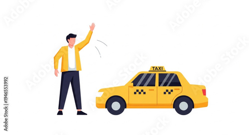 Man Hailing Yellow Taxi Cab.