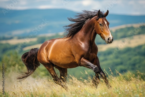Bay horse galloping across a sunlit green meadow