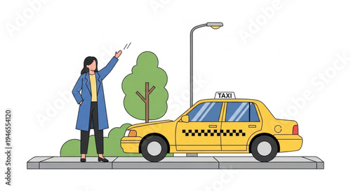 Woman Hailing Yellow Taxi Cab.