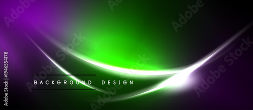 Abstract background features vibrant purple, green gradients. White light streaks create dynamic flow, modern design element.