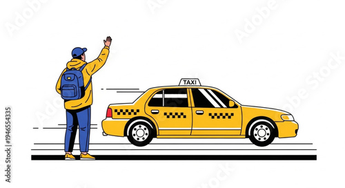 Man hailing yellow taxi cab.