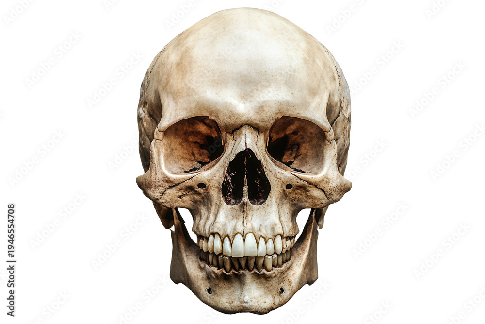 Fototapeta premium Skull isolated on a transparent background showcasing detailed features and texture for educational or artistic purposes in anatomical studies